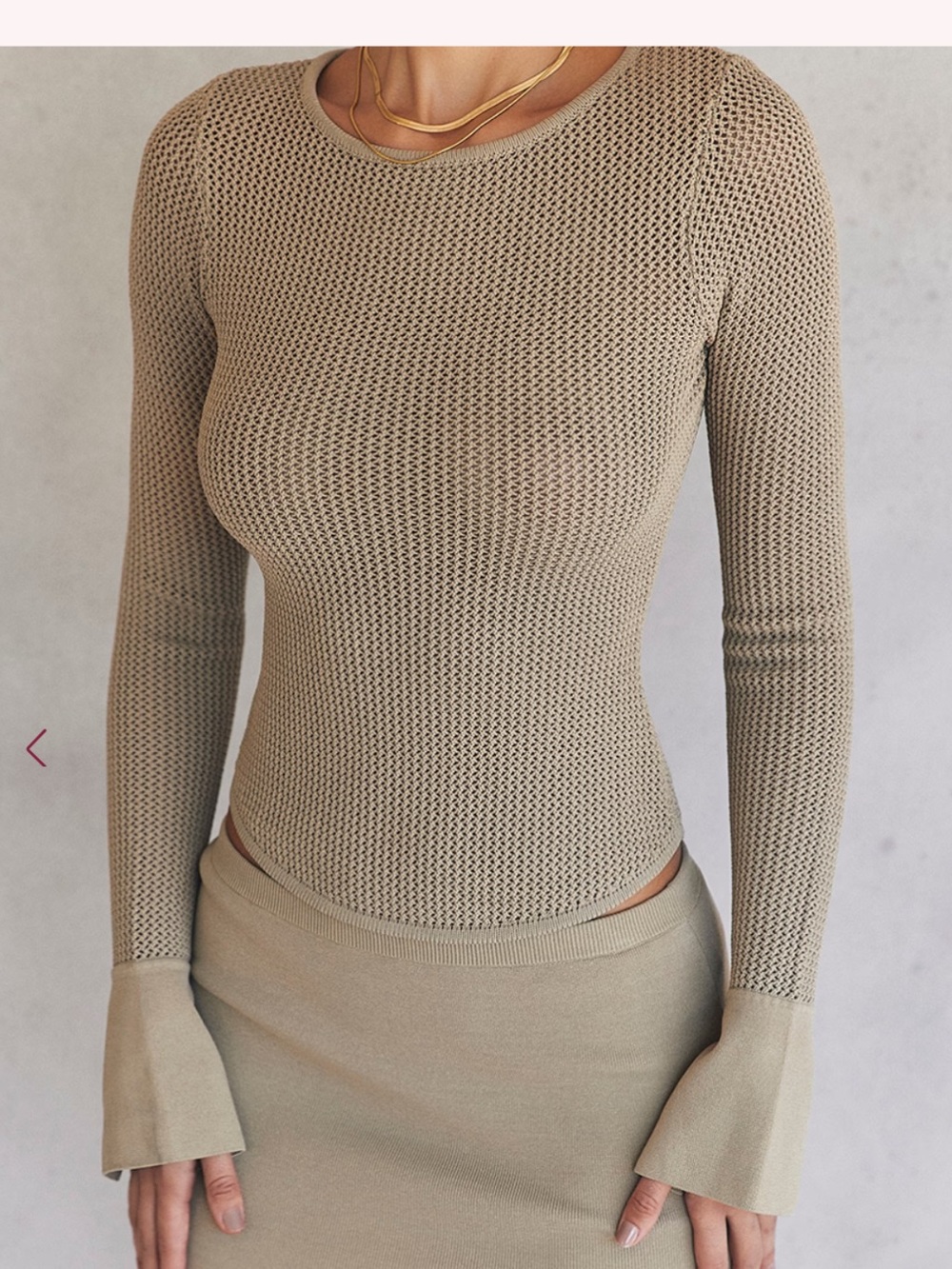 House of CB Savannah Taupe Open Knit Sweater Top L+ XL Crochet Fluted Cuff